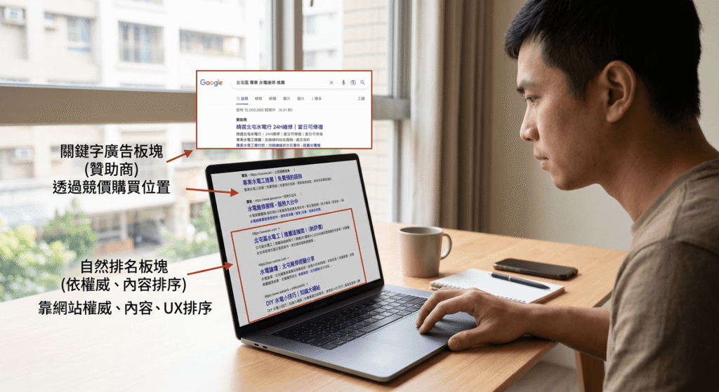 關鍵字廣告板塊，這是一種透過競價購買曝光位置的行銷方式